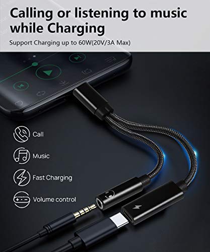 USB C to 3.5mm Headphone and Charger Adapter, 2 in 1 USB C to 3.5mm Headphone Jack Hi-Fi DAC with USB C Fast Charging Dongle Cord Compatible Galaxy S21/S21+/S20/Note 20/Note 10, Pixel 5/4/4XL/3/3XL ¡­