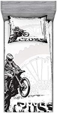 Ambesonne Motorbike Fitted Sheet & Pillow Sham Set, Motocross Racer Picture Grungy Background Poster Type Monochromic Art work Print, Ornamental Printed 2 Piece Bedding Decor Set, Twin, Black White