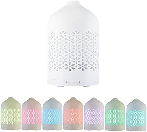 USB 80ml Ceramic Essential Oil Diffuser Humidifier – Hand Finished Ceramic Lid - 7 Color LED Light Continuous On - Intermittent Mist - Ultrasonic Aromatherapy Humidifier - Safe Auto Off Function
