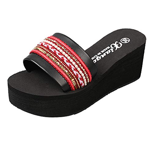 Respctful✿Women's Casual Flat Slides Boho Pattern Glitter Slip On Footbed Platform Sandals Red