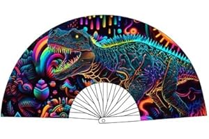 Neva Nude Rave Folding Hand Fan - UV Blacklight Reactive Handheld Fan with Drawstring Case | Perfect for Summer Festivals, Raves, Carnivals, & Concerts | Made in USA (Neosauraus DInosaur TRex)