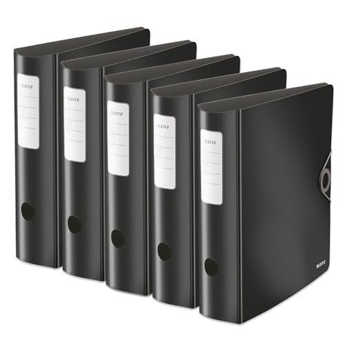 Leitz Qualitäts-Ordner 180° Active Solid, 5er Pack, A4, Breit, Abgerundeter Rücken, 8,2 cm breit, Gummibandverschluss, Leichtes Polyfoam, Plastik-Ordner, Schwarz, 10471095