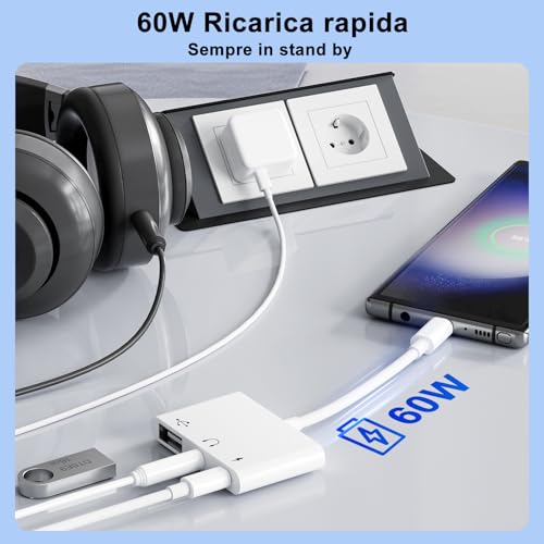 【3 in 1】USB C Jack 3.5mm Adapter with 60W OTG Charger Adapter, Audio Type C to Aux Earphone Splitter for iPhone 17/16/15 Samsung Galaxy S25 Ultra/ A56/ S24 S23 i-Pad Pro Air Pixel
