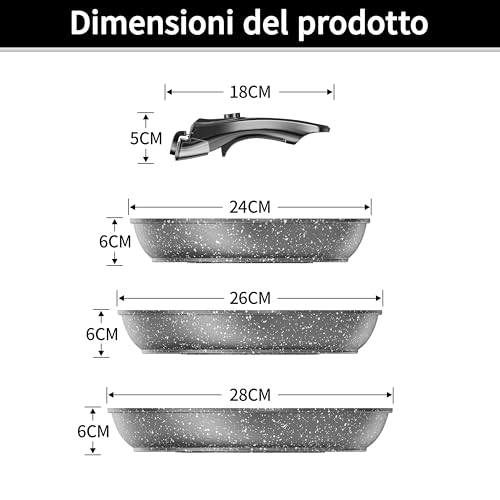 Kiseely Set of 3 Non-stick Frying Pans, Removable Handle, Non-stick Coating, Healthy and Non-Toxic Frying Pan, Induction and Gas,Dishwasher Safe (ED2)