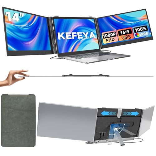 KEFEYA 14” Laptop Screen Extender, 100% sRGB FHD 1080P Portable Monitor for Laptop, Triple Screen Laptop Monitor Extender for 13–17.3" Laptops, Plug & Play for Windows/Mac/Android/Switch/PS5