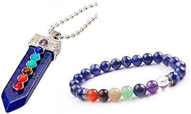 7 Chakra Stones Pendant Necklace Healing Point Fashion Pendant 60CM Bead Chain and 8MM Beaded Bracelet Set