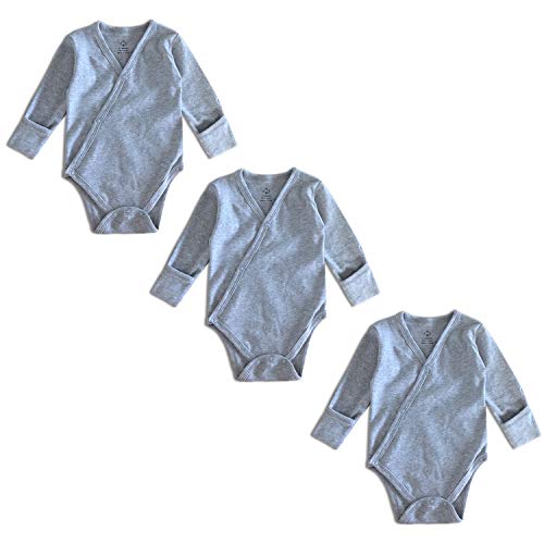 OPAWO Baby Black Side Snap Bodysuit with Mitten Cuffs, Unisex Boy Girl Kimono Bodysuits 3 Pack (0-3 Months, Gray)