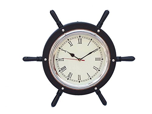 Black Wood And Chrome Ship Wheel Clock 15" - Boat Steering Wheel - Nautical Acc - Thumbnail 4