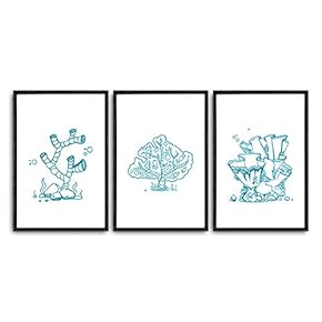 3 Piece Framed Canvas Wall Art Simple Seabed Elements Canvas Prints Home Artwork Decoration for Living Room,Bedroom - 16"x24"x3 Panels