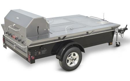 Crown Verity CV-TG-4 69" Wide Towable Grill with Storage Compartments Built-In Sink 99 000 BTU/H 6 Burners Propane Bracket Water Pan with Drain Port and 13" Tire Rims in Stain