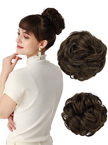 REECHO Women’s Thick 2PCS Hair Scrunchies Made of Hair Curly Wavy Updo Hair Bun Extensions Messy Hairpieces – Medium Ash Brown