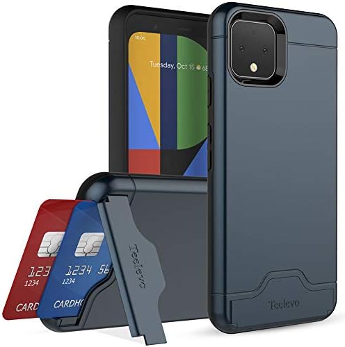Teelevo Wallet Case for Google Pixel 4, Dual Layer Case with Card Slot Holder and Kickstand for Google Pixel 4 (2019) - Navy Blue