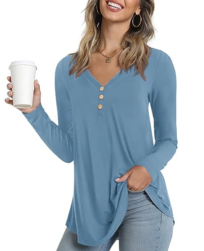 Ninee Camiseta de manga larga para mujer, cuello en V, túnica, con botones sueltos, 03 Blue, L