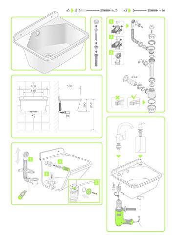 gospo Ausgussbecken mit Armatur, Seifenspender, Siphon, 46 x 37 x 20 cm, Waschbecken aus Kunststoff, Waschtrog für… – Bild 7