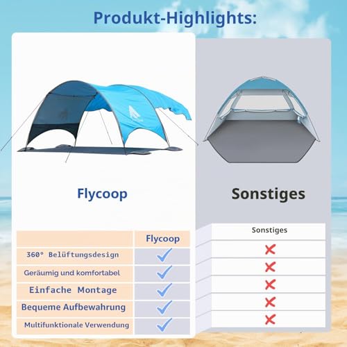 Beach Shelter with UV Protection UPF 50+ - Portable Beach Canopy & Sun Protection for Beach, 360° Ventilation, 4 Sandbags, Double Pockets, Pegs & Ropes (270 x 165 x 158 cm + 190 x 250 cm)