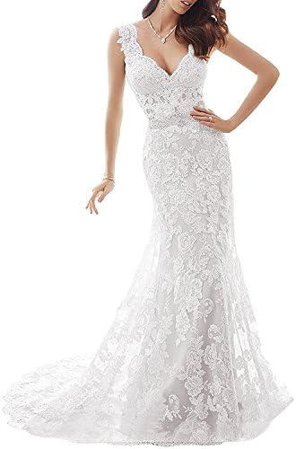 NANIYA Illusion Back Mermaid Wedding Dress for Bride Lace Formal Gown with Train