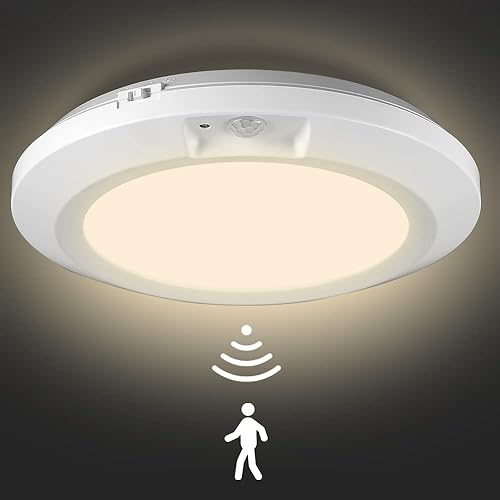 Motion Sensor Ceiling Light, Battery Powered Sensor Light Indoor, 6.3'' Bright Wireless Ceiling Light, Suitable for Attic, Garage, Corridor, Staircase, 210LM Warm Light