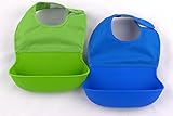 Silicone Bib Set, Roll Up Bib for Compact Storage! Strong Velcro for Simple On & Off to Fit Your Babies Neck, Dishwasher Safe! Set of 2 (Blue & Green)