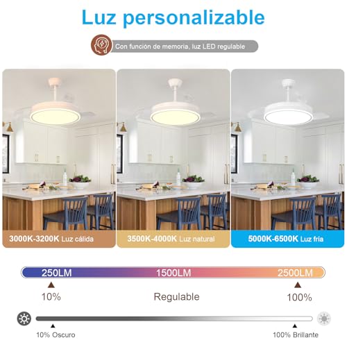 Dorlink Retractable Ceiling Fan 34 Inches with Lights, LED Remote Control with Continuous Dimerization, Modern Fan Lamp for Bedroom/Living Room/Kitchen, 3000K-6500K, 6 Speeds