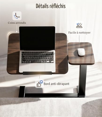 MAIDeSITe C-Shaped Side Table with Wheels, Height Adjustable Table with Double Tilting Tray and Stopper, Ideal for Care, Reading and Teleworking (Walnut)