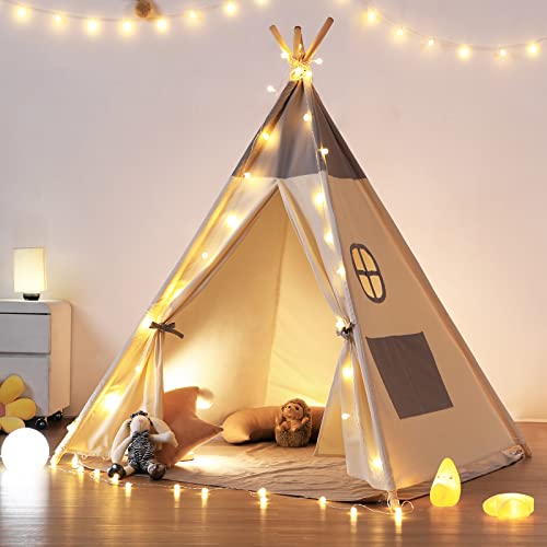 besrey Children's Play Tent Indian Canvas Teepee Cotton with Fairy Lights + Matt Grey