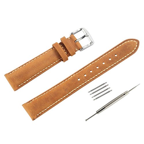 WOCCI Leather Watch Strap Vintage Style Bands 19mm for Men and Women(Brown with Contrasting Seam)