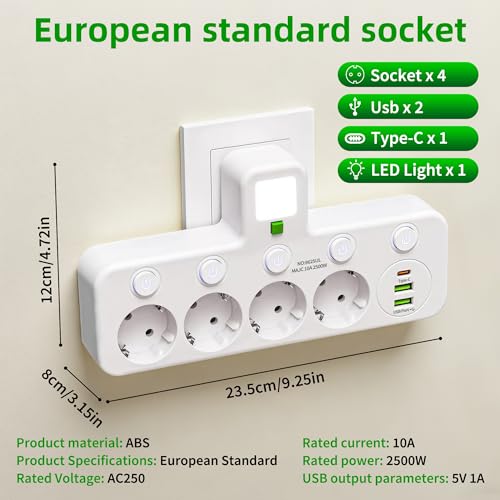 Power Strip with Individual Switch, 4 Sockets with USB and Night Light, 4 Mains Outlets + 1 Type-C + 2 USB Suitable for Home, Office, Phone, Portable