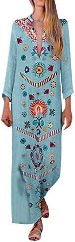Sexy Side Slit Bohemian Maxi Dress Women Cotton and Linen Print V-Neck Shift Boho