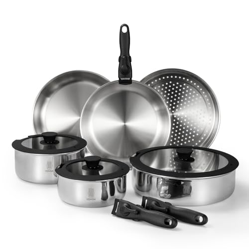 ROYDX Stainless Steel Pots and Pans Set,18/10 Uncoated Pan Set with Stainless Steel Frying Pan,Steamer & Saute Pan,Detachable Stay-Cool Handles,Glass Lids,LFGB Approved,Suitable for All Hobs