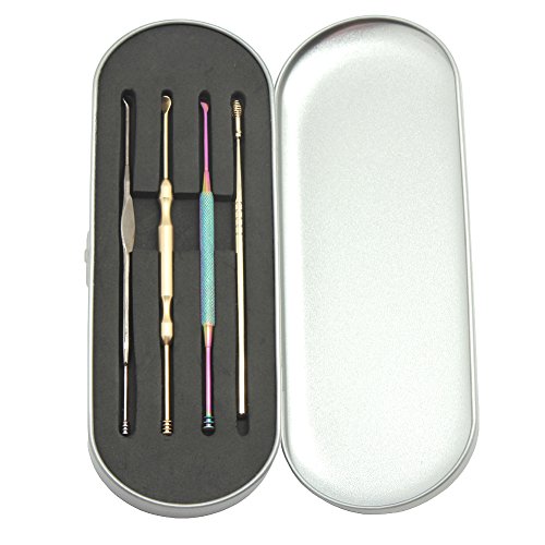 Spove Earwax Removal Curettes,Ear Hygiene Care Kits Ear Wax Remover Ear Pick Tool Sets, Stainless Steel,4pcs Ear Cleaning Tools in Metal Box