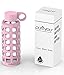purifyou Premium 40/32 / 22/12 oz Glass Water Bottles with Non-Slip Time and Volume Markings Silicone Sleeve & Stainless Steel Lid Insert, Sports Bottle | For Water, Juice, Milk (12oz MistyRose)