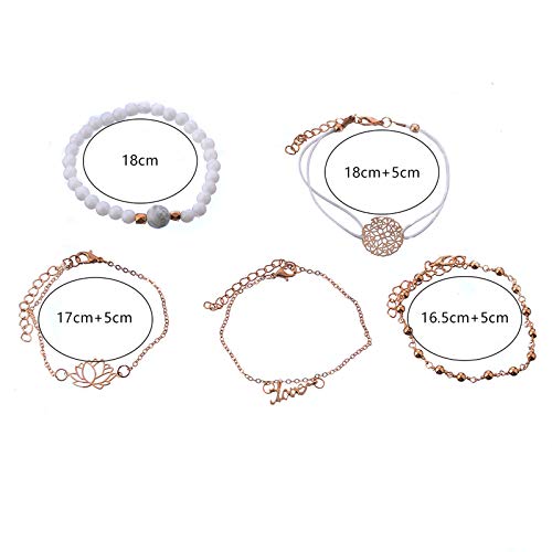 5 Piece Bracelet-White Lotus Design, White Bead String and Cyan Bead Gold Bracelet for Women