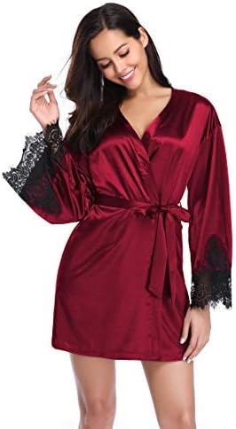 Santou Satin Kimono Robe for Women Long Sleeve Lace Trim Bathrobes Sleepwear Nightwear