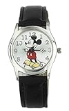 Women Disney Mickey Mouse Dainty Silver Tone Black Leather Watch