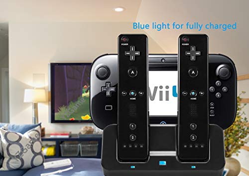 Wii U Charger Dock Station for Wii Remote & Wii U Gamepad with 2 Rechargeable Batteries Charging Cable Led Indicator -Black