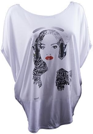 Vivid Sounds Ladies Print Dolman Sleeves Casual Slouch Top (Large) White
