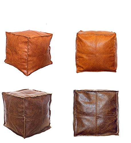 RISEON Unstuffed Boho Handmade Faux Leather Moroccan Pouf Footstool Ottoman Leather Poufs 17.7" x17.7" -Square Floor Cushion Footstool for Living Room, Bedroom and Under Desk (Tan) - Thumbnail 5