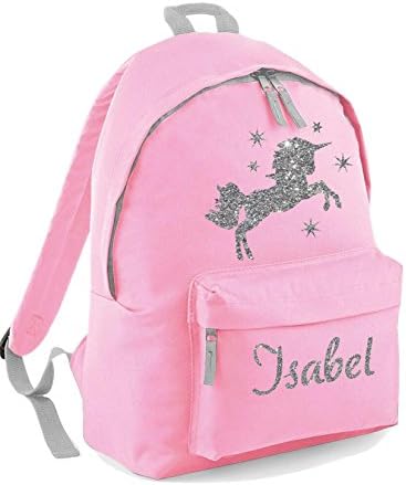 Danni RoseGirls Personalised Unicorn & Stars Backpack,Silver Glitter Printed Backpack with Your Name (Pink)