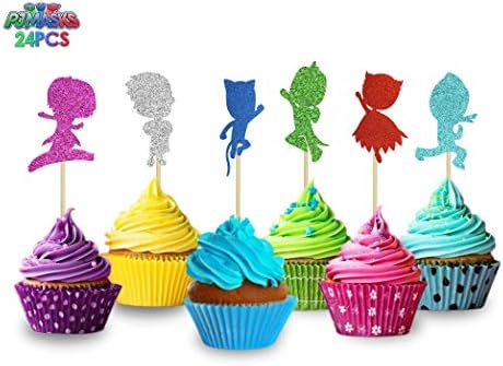 KAPOKKU PJ Glitter Masks Inspired Happy Birthday Cake Topper,Kids Party Supplies Single Sided cupcake Decorations,pack of 24(pj masks cupcake topper)