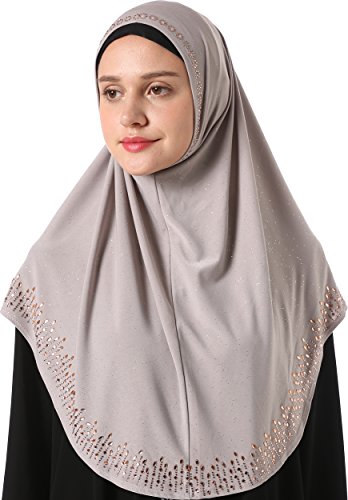 YI HENG MEI Women's Modest Muslim Rhinestones Instant Hijab Jersey Headscarf Ready to Wear Hijab,Light Gray