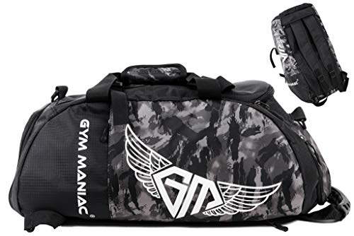 Gym Maniac GM 3-Way Gym Bag - Workout, Sport, Travel, Weekend and Overnight Duffle, Backpack, Crossbody, Shoulder Carry Bags - Fitness Accessories for Men and Women - Waterproof Gear Organizer - 30L
