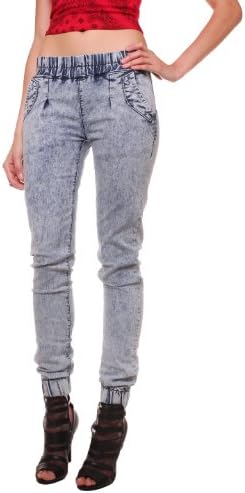 Unleaded Women's Elastic Waist Denim Harem Pant (1 X, Light Acid)