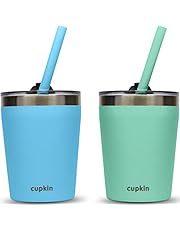 Stackable Stainless Steel Kids Cups for Toddlers (EASY to Clean) - Set of 2 Powder Coated Vacuum Insulated Tumblers, 2 Non BPA Lids & 2 Food Grade Reusable Silicone Straws