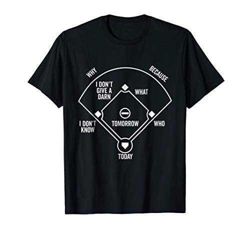 Baseball Humor Who's On First TeesWho's on First Funny Baseball Positions Names Dark T-ShirtOEKO-TEX STANDARD 100