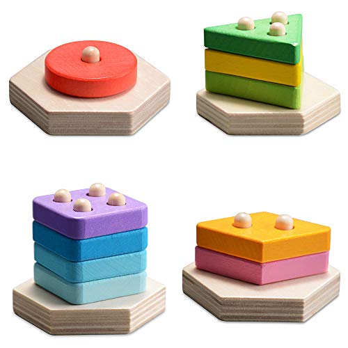 KAJA Wooden Geometric Shape Sorter Recognition Sorting Stacking Game Chunky Puzzle Toys Removable Educational Preschool for 1 2 3 4 5 Year Old Boys Kids Toddler Baby - Thumbnail 3