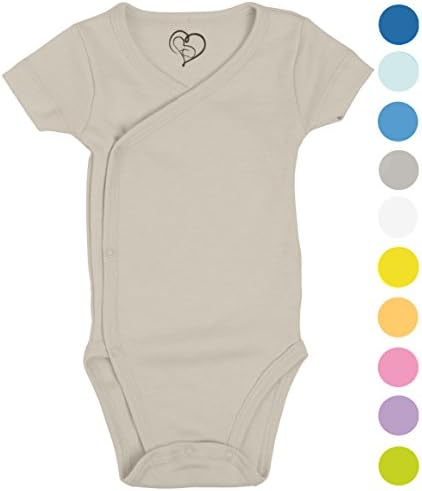 Boys Girls Baby Bodysuit made with Organic Cotton - Short Sleeve Kimono Style with Side Snaps Bodysuit and Gloved Sleeve - Stone NB