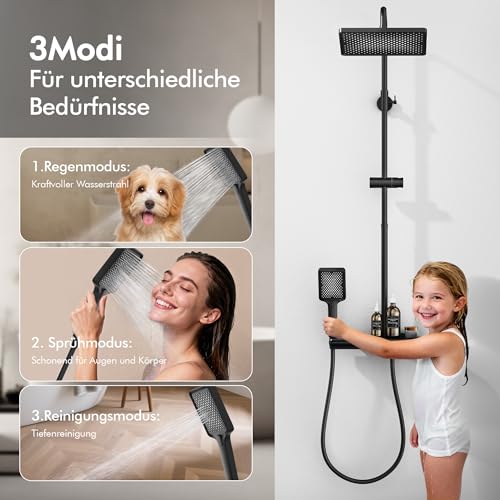 HOMELODY Shower System with Thermostat and Glass Shelf Black - 30 x 20 cm Large Shower Head Rain Shower and 3 Jet Types Hand Shower, 2 Piano Knobs Shower Fitting Complete Set Shower Set with Rain Shower
