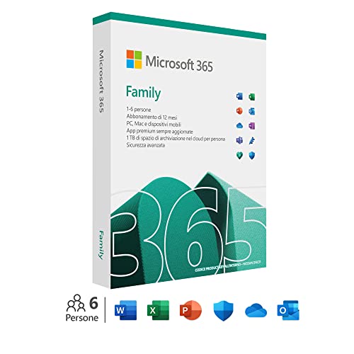 Microsoft 365 Family - Fino a 6 persone - Per PC/Mac/tablet/cellulari - Abbonamento di 12 mesi