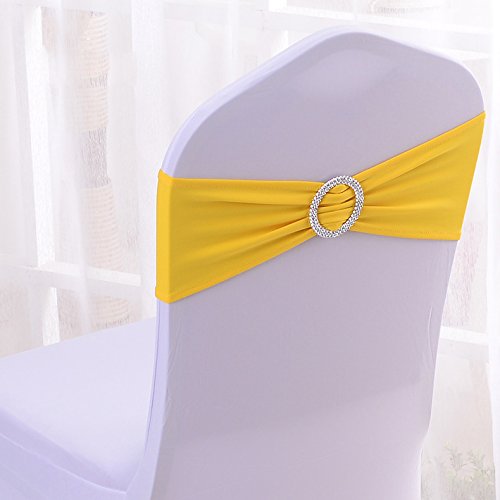  50PCS Stretch Wedding Chair Bands With Buckle Slider Sashes Bow Decorations 22 Colors (Bright Yellow) 