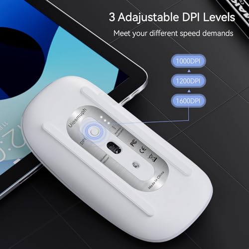 Uiosmuph U58 Wireless Rechargeable Optical Mouse, 2.4G Silent Wireless Mouse Ultra Portable with USB Nano Receiver and Type-C Adapter for PC/Tablet/Laptop (White)